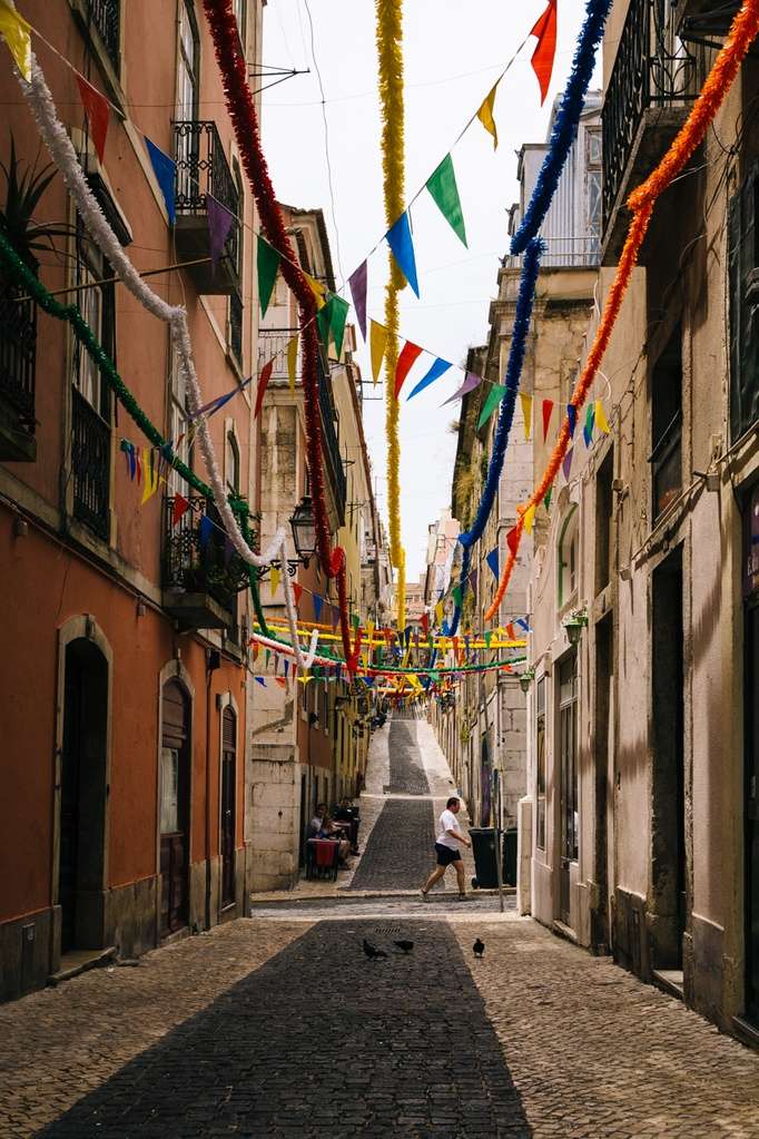 Old town Lisbon, Portugal, with colorful pennants and garlands